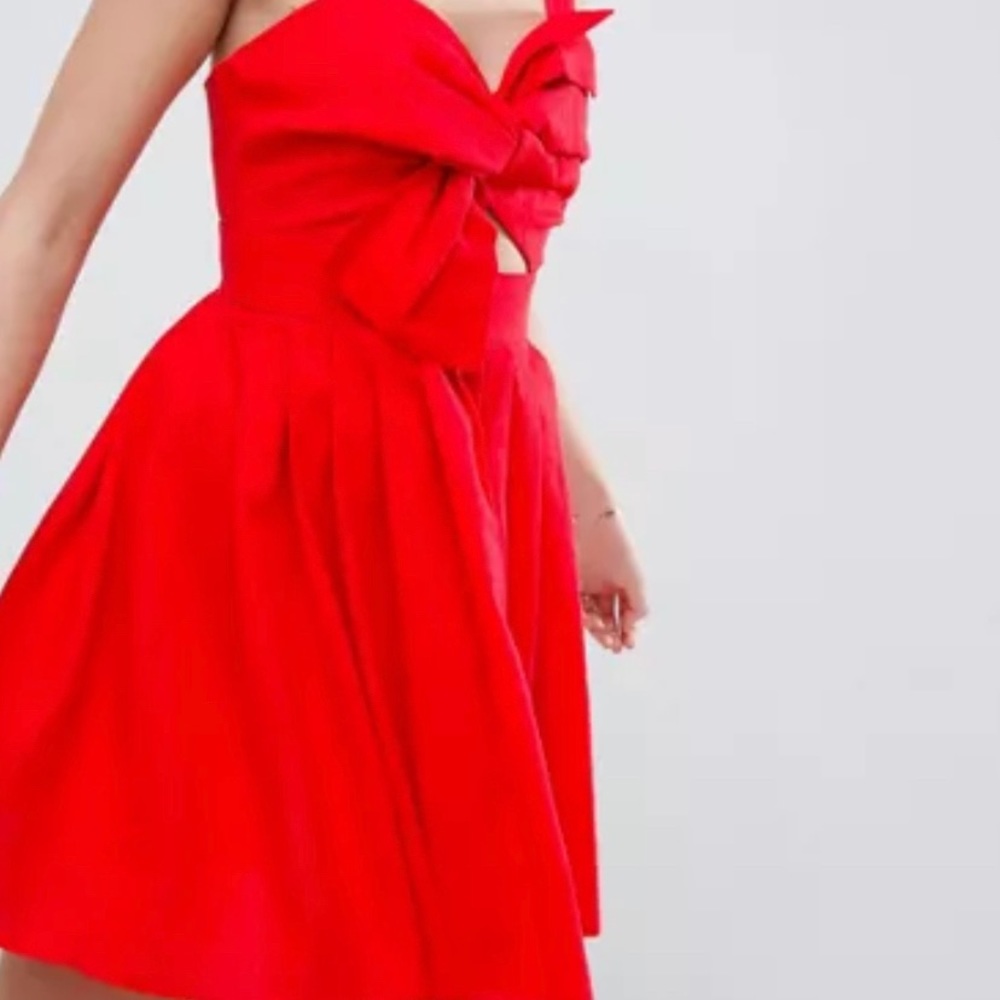 ASOS Bow Detail Cut Out Red Linen Skater Dress
